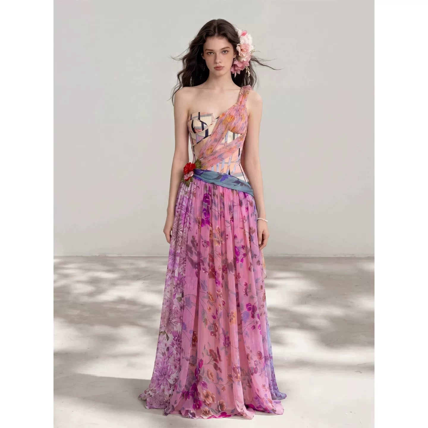 Stunning Thai Irregular Off-Shoulder Fishtail Corset-Style Bodice Floral Print Draped Cinched-Waist Dress
