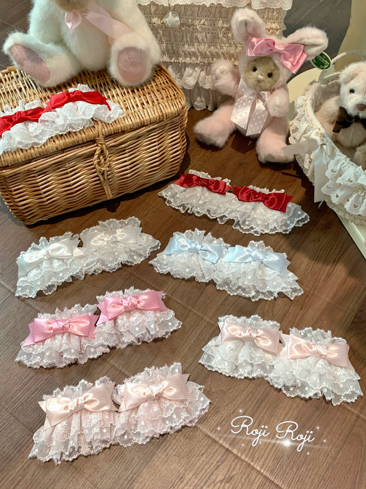Lolita Lace Wrist Cuffs “Strawberry Angel” Under the Sakura Tree, Coordinated with a Bow Lolita Charm