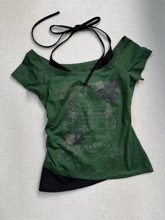 Green spliced fake two-piece T-shirt