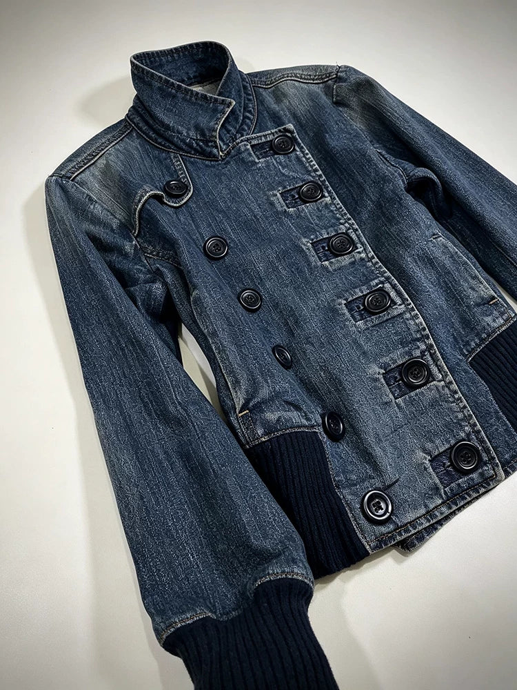 Ban Zhi Tao Original Vintage Stand Collar Denim Jacket with Slant Button-Front, Double-Breasted Design, for Autumn Women—Niche High-End Styling