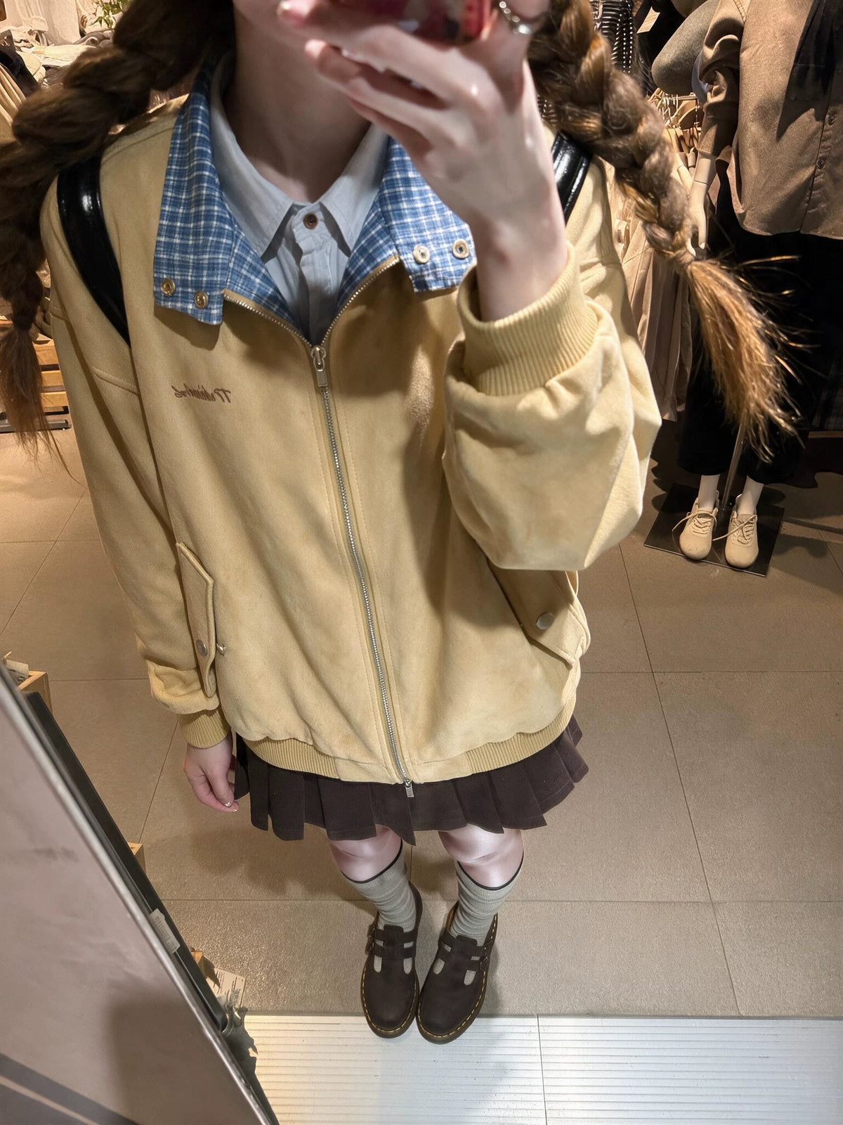 Preppy Plaid-Trim Yellow Faux Suede Lapel Jacket Hoodie for Women, Loose-Fit Fall Baseball Cardigan