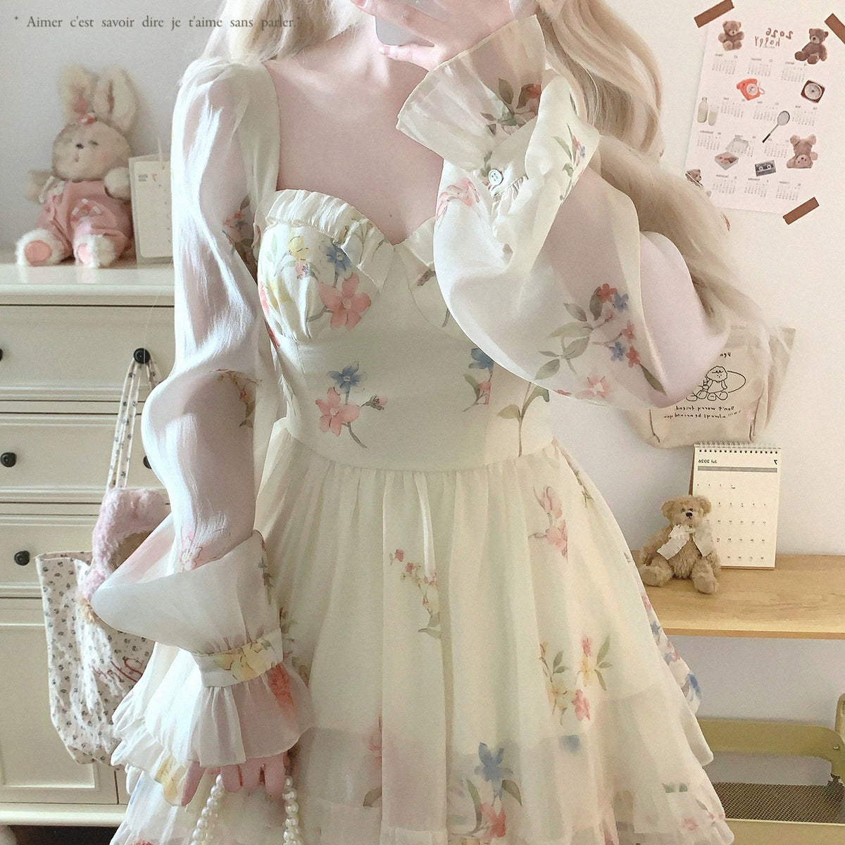 Last-Season Find French Vintage Square-Neck Floral Elegant Long-Sleeve Chiffon Dress