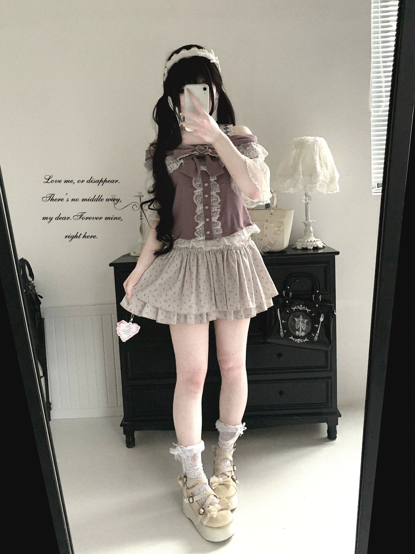 KittyBxllet Original “Minami Shiroyuki” Lace Sheer Cunning One-Shoulder Off-Shoulder Short Sleeve Top