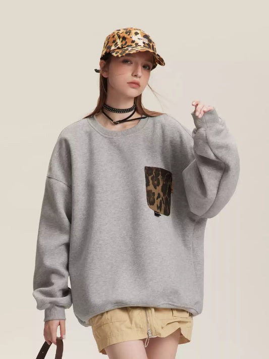 American retro all-match leopard print pocket sweatshirt