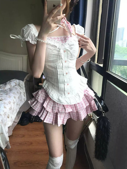 Sweet Pink Cake Skirt Two-piece Summer Set