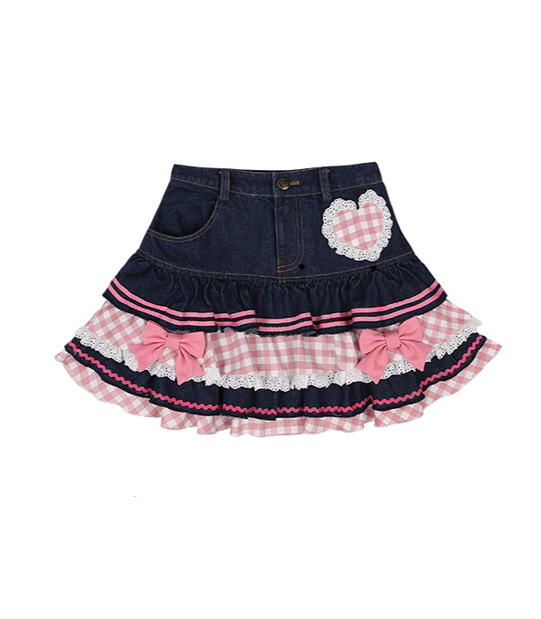 Coquette Pink Plaid Ruffled Denim Skirt