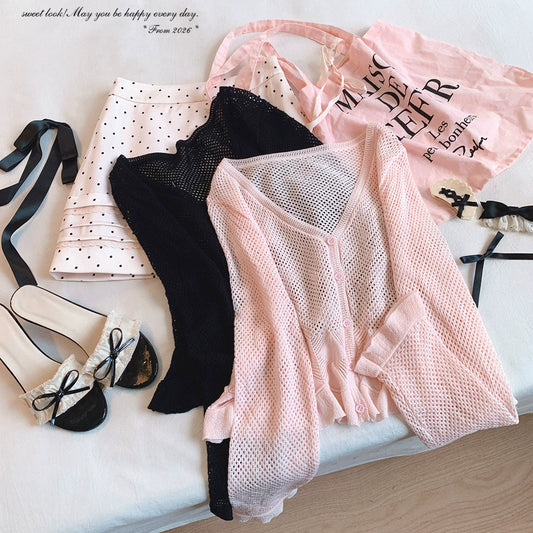 Final Stock Sweet Style Lightweight Ruffle Hem Lace-Trim Knit Cardigan Outerwear