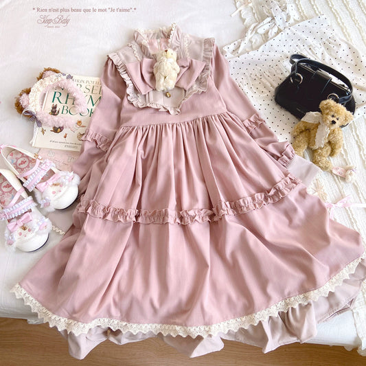 Last-Stock MJRO Adorable Little Bear Lace Striped Lolita Dress with Ruffled Details & Bow