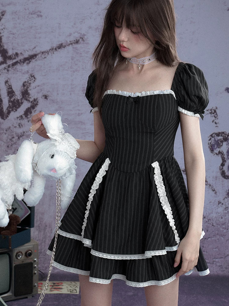 SagiDolls Girls’ Fighting Spirit #Sugar Frost Black Forest# Dark Striped Lace Cake Dress Lolita Sweet