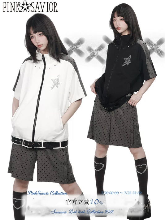 Ready Stock Ships Fast【Xingxi】Zipper Short-Sleeve Summer Color-Block Polka Dot Slimming Shorts Set