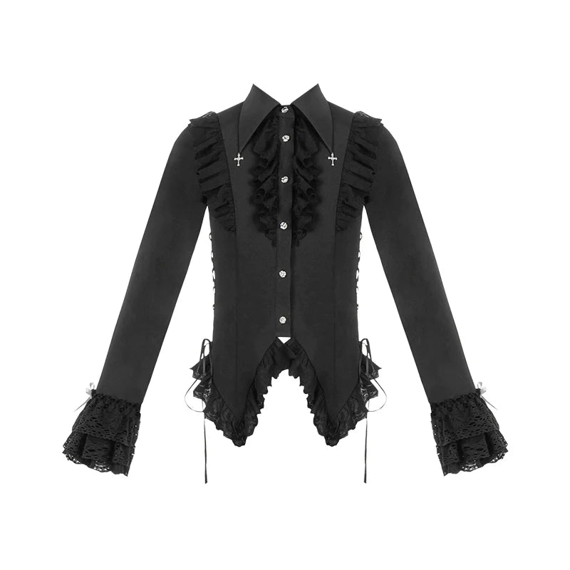 Gothic Lolita Blouse Black White Waist-Tie Shirt