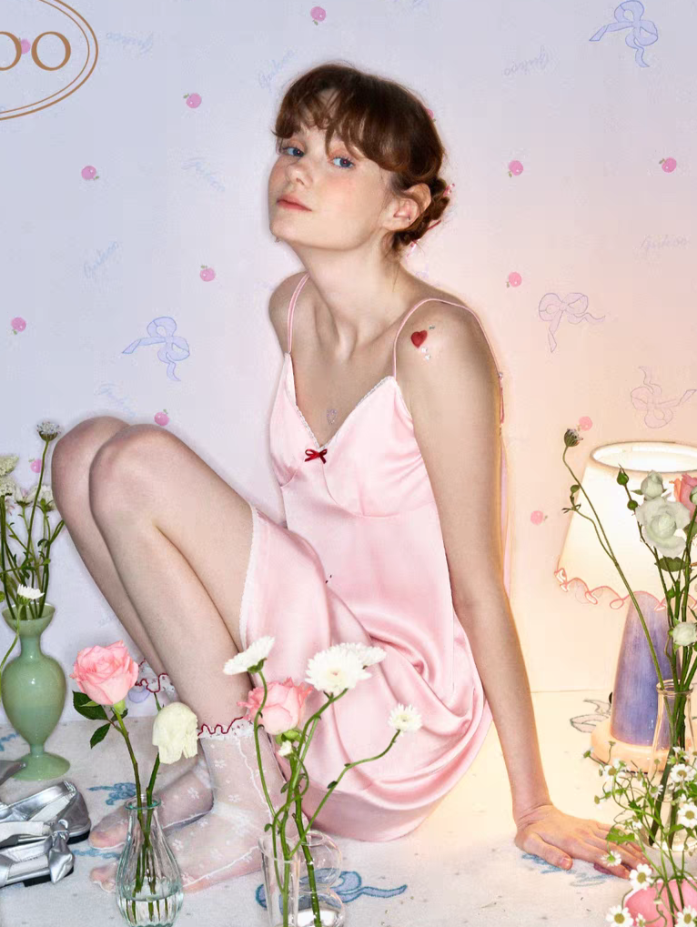 Pink Ice Silk Letter Nightgown