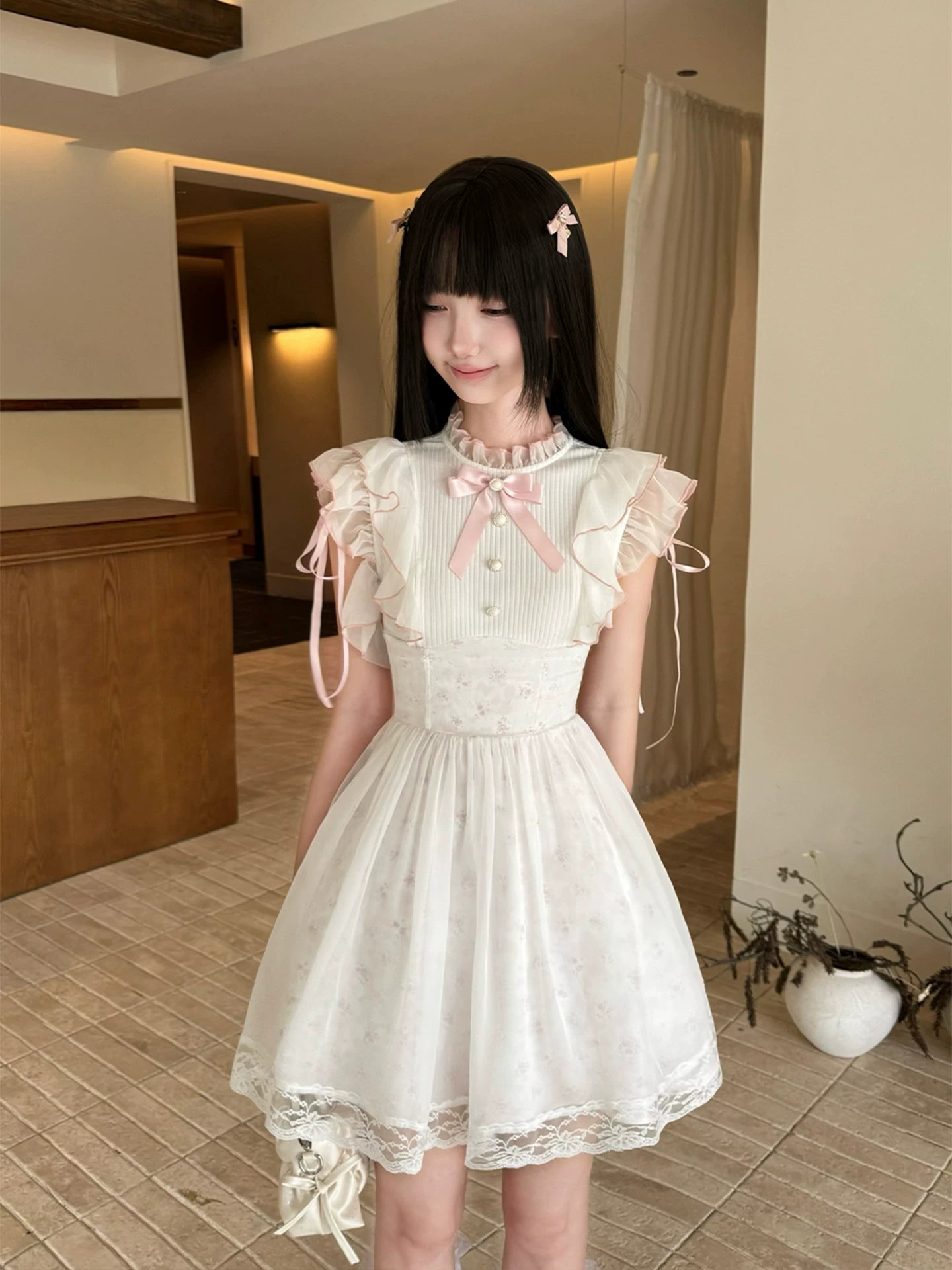 LaLa Sauce Misty Blossom Clear-Style Dreamy Floral Pearl Button-Up Dress with Pink Bow, Tiered Waist-Hugging Short Dress