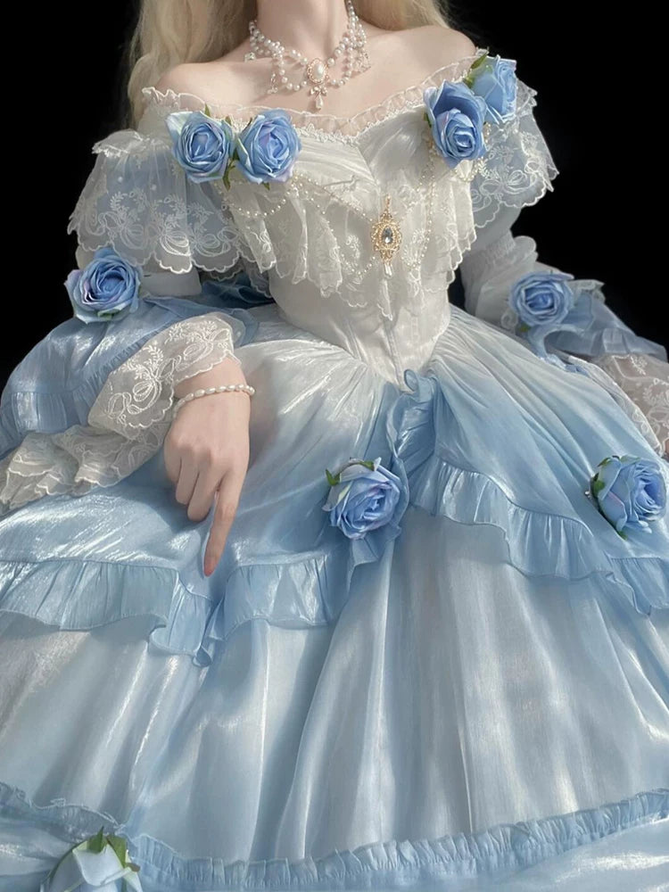 Escaping Princess Gradient Blue Lolita Fairy Long Dress Elegant Lolita Courtwear—Adult Coming-of-Age Heirloom Embroidered Puff Skirt