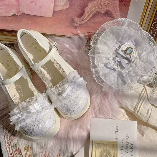 PINKYO Original White Lace Bow High-Heeled Shoes for Women 2026 Spring & Summer Platform Wedge Sole Mary Jane Pumps