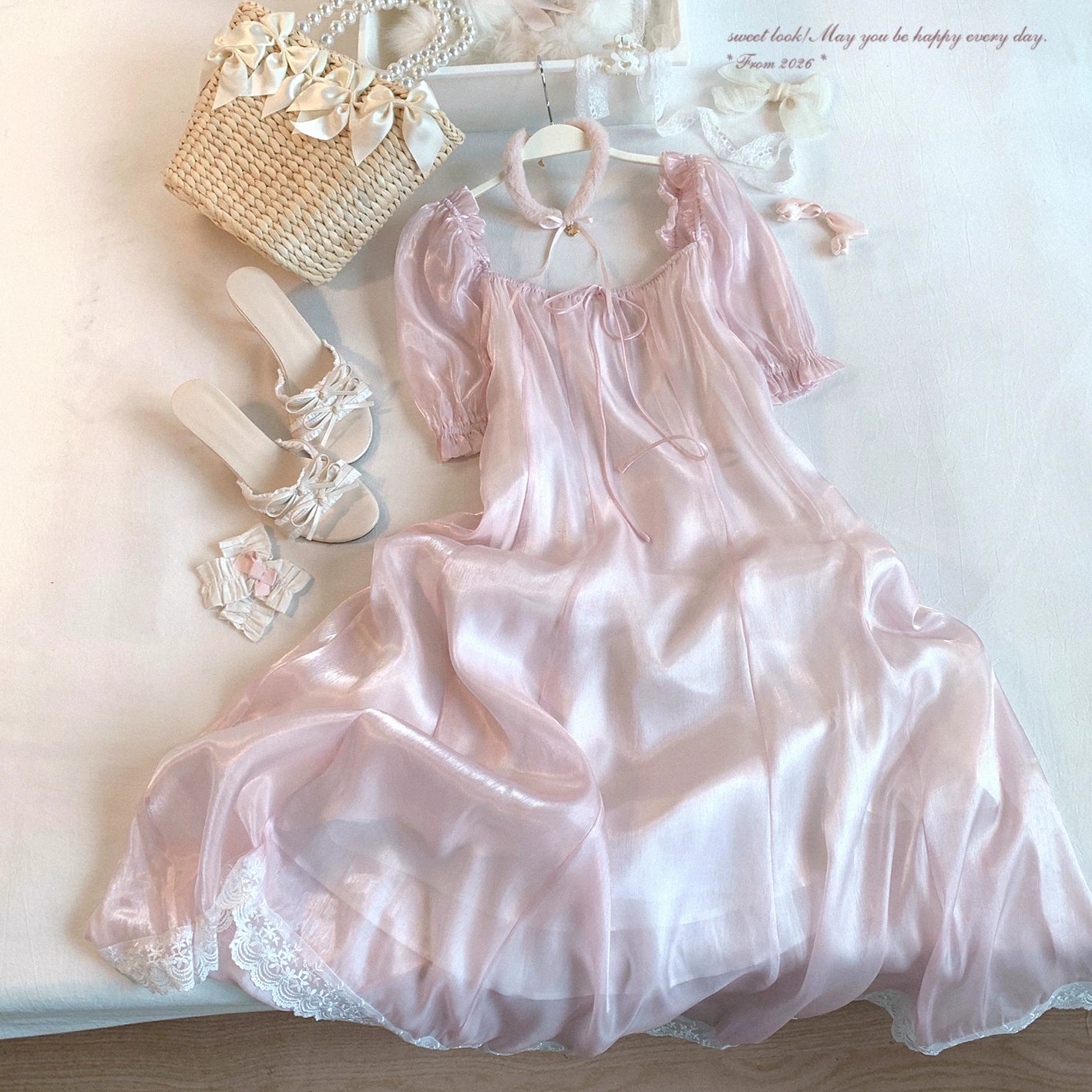Last-Stock dod* Lace-Trim Satin-Gloss Lace-Up Square-Neck Puff-Sleeve Chiffon Dress