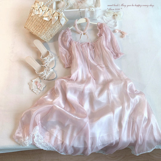 Last-Stock dod* Lace-Trim Satin-Gloss Lace-Up Square-Neck Puff-Sleeve Chiffon Dress