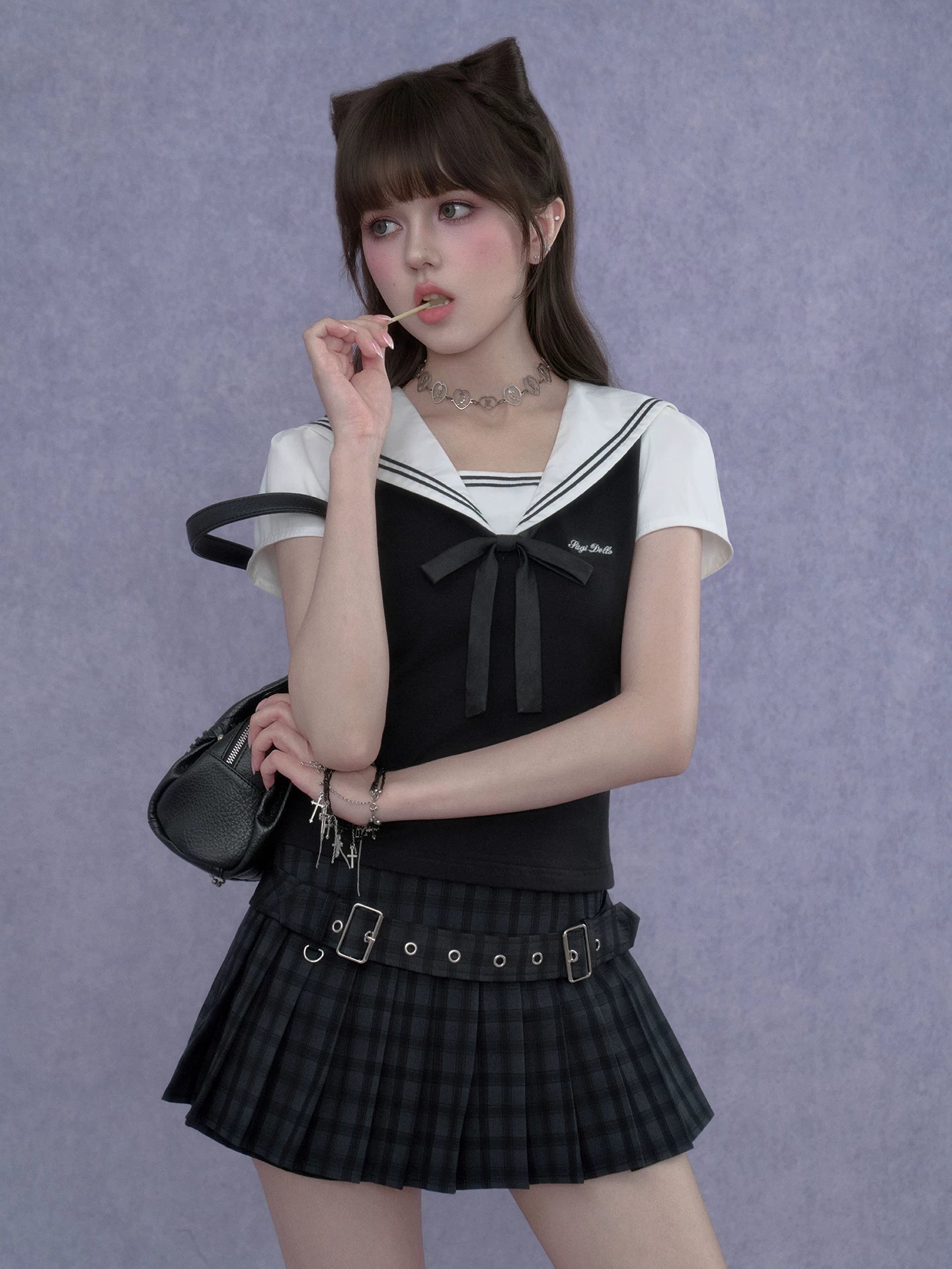SagiDolls Girls’ Sweet & Spicy Y2K College Style Black-and-White Sailor Collar Top Fitted Flattering Slimming Versatile for Summer