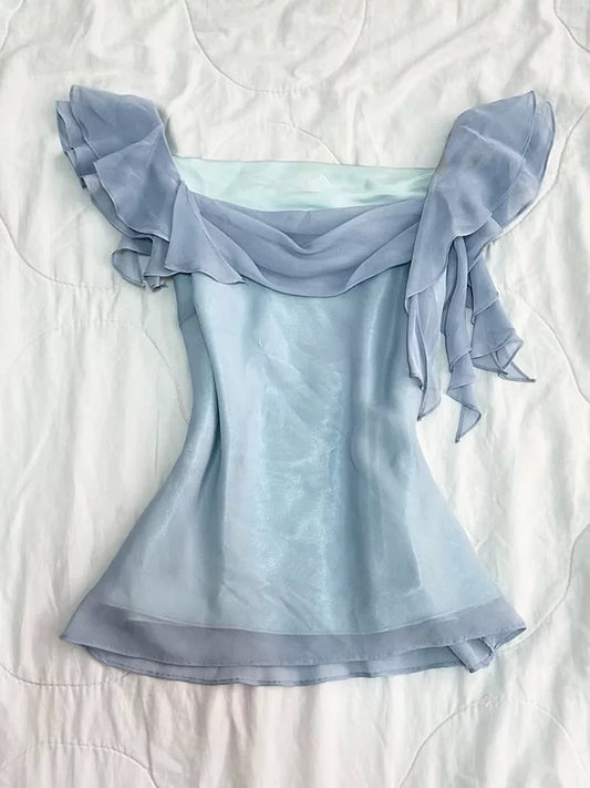 Retro-Inspired Elegant Soft Blue Beautiful Unique French-Style Blouse for Women, New Collection
