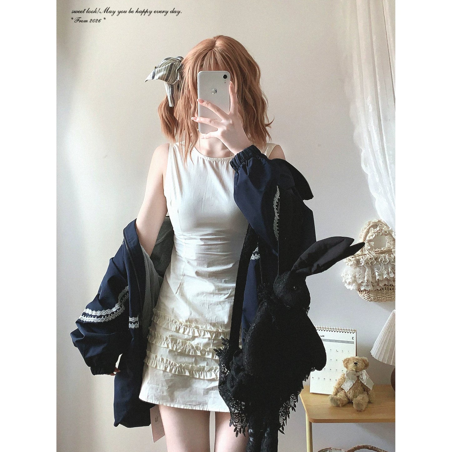 Last-Stock Sale xycdg Sweet Girl Minimal Solid Color Round-Neck Cotton Dress with Ear-Edge Lace Sleeveless