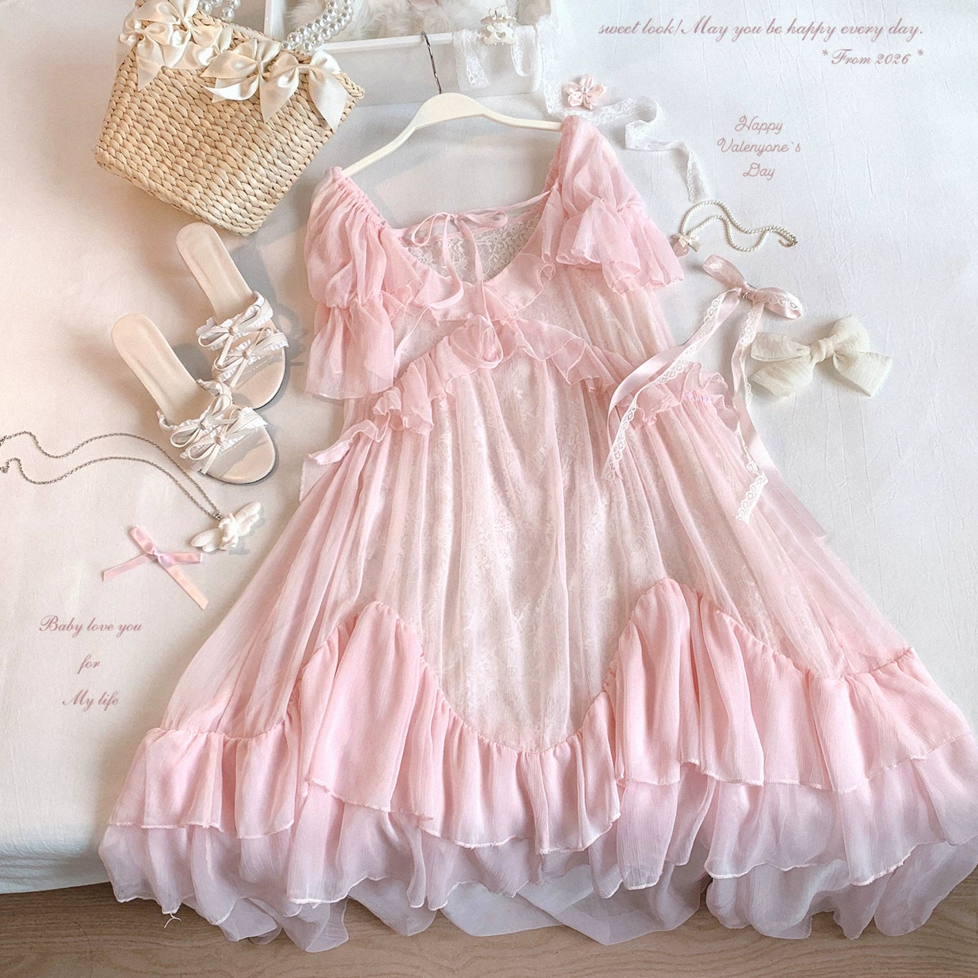 End-of-Season Item Blush Pink Romantic French-Style Ruffle Tie-Front Embellished Soft Lace Dress