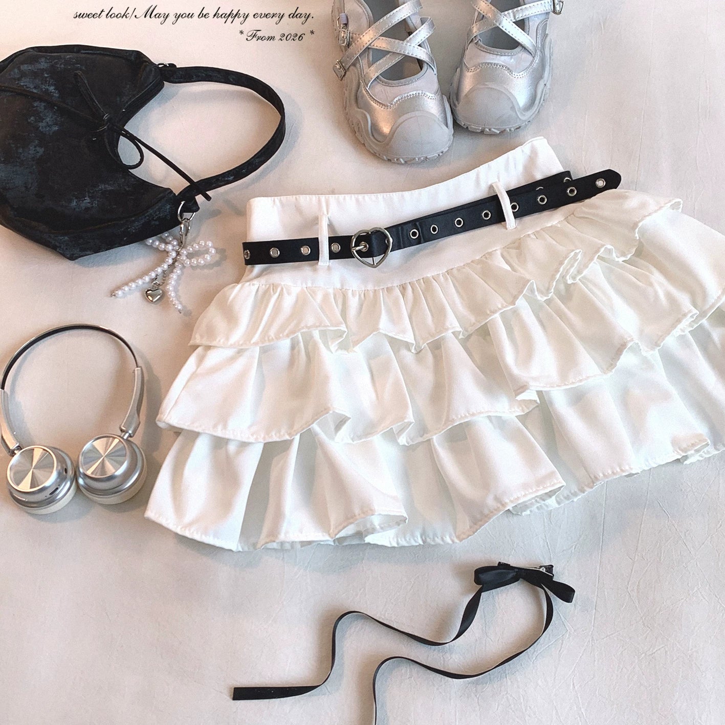 Last-Call Layered Skirt Sweet High-Waist Heart Belt Puff Cake Skirt *f