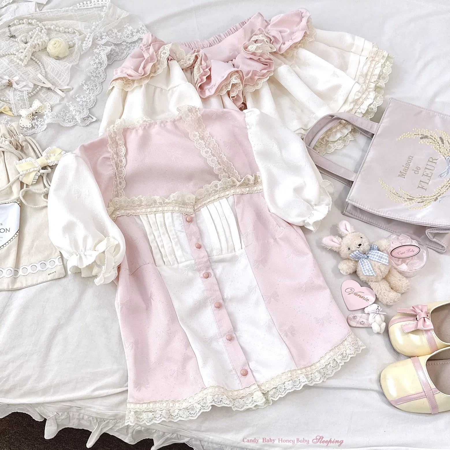 Sleepingdoll Handmade* Magical Girl Jacquard Puff Puff Tulle Lace Dotted Tiered Lace Set