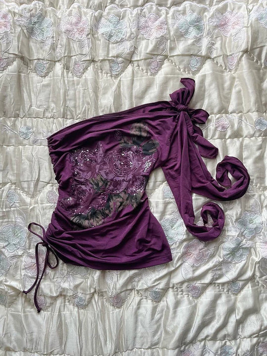 Purple Floral Print One-Shoulder Slimming Waist-Cinching Design-Forward Top for Women, Summer Chic Outfit