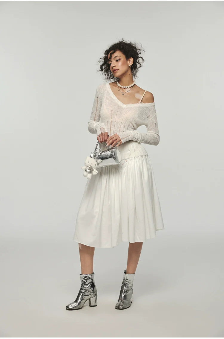 Hollow-Out V-Neck Thin Cardigan With Distressed Waist Knit Top