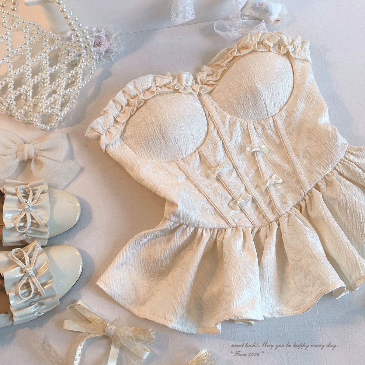 Last-Season Clearance Joykik* Embossed Pattern Contrast Dark Lace & Sweet Butterfly Bow Fishbone Leaf Ruffle Bustier Top
