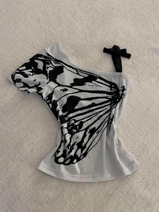 retro butterfly print one-shoulder top