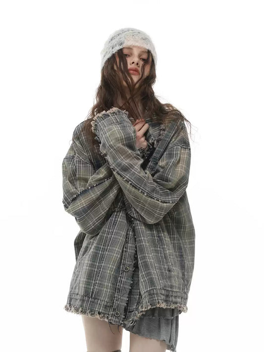 American retro washed tassel raw edge plaid jacket
