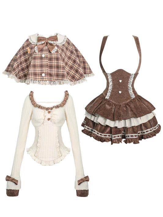 Bear Mousse Winter Cape + Little Cake Suspender Skirt + Knitted Top