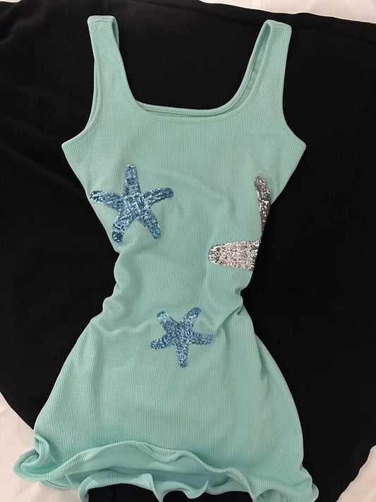 Starfish Sequin Bodycon Slimming Cami Top for Women, Summer Boutique Sweet Style