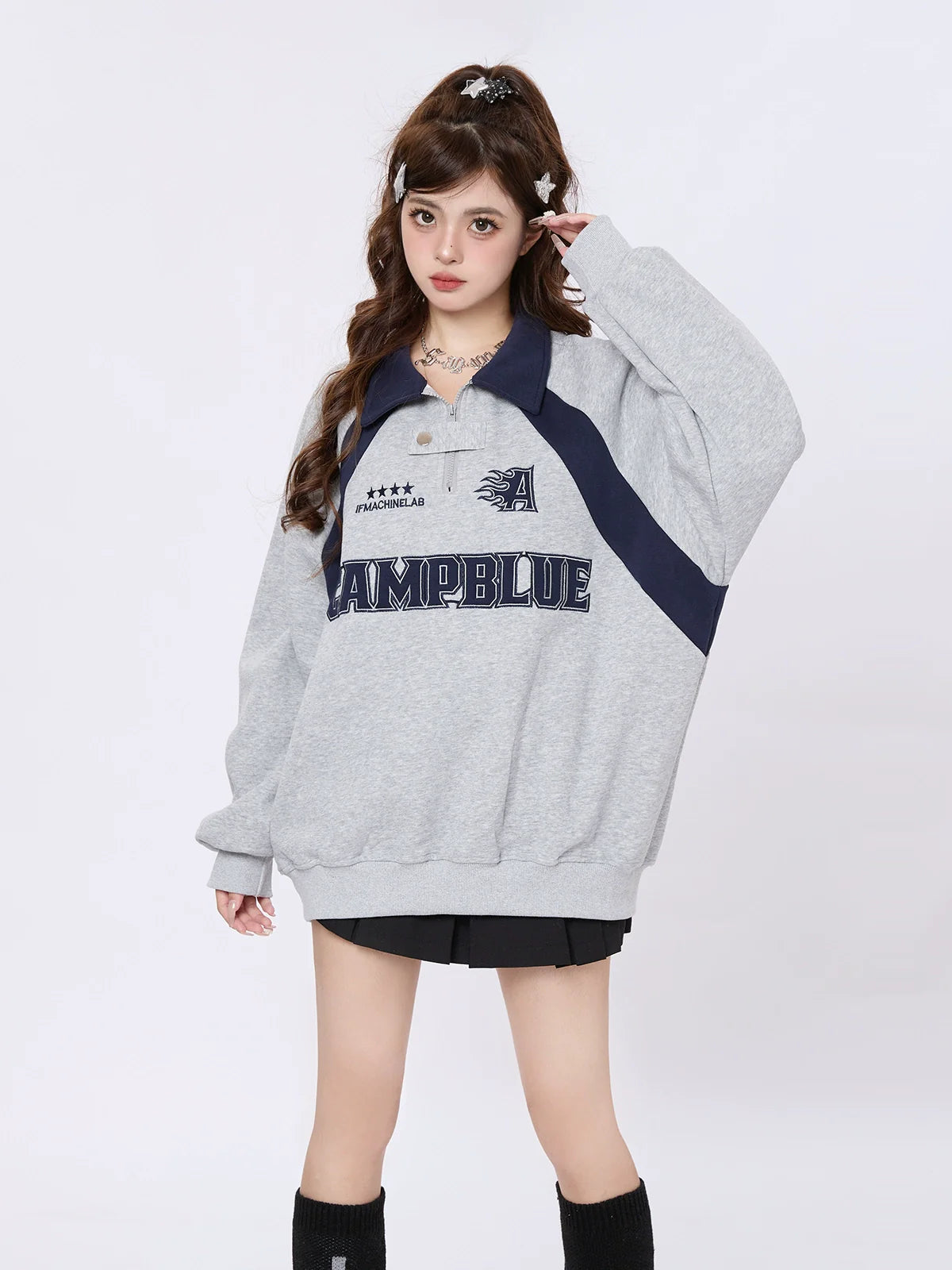 American Retro Block Color Polo Collar Loose Sweatshirt