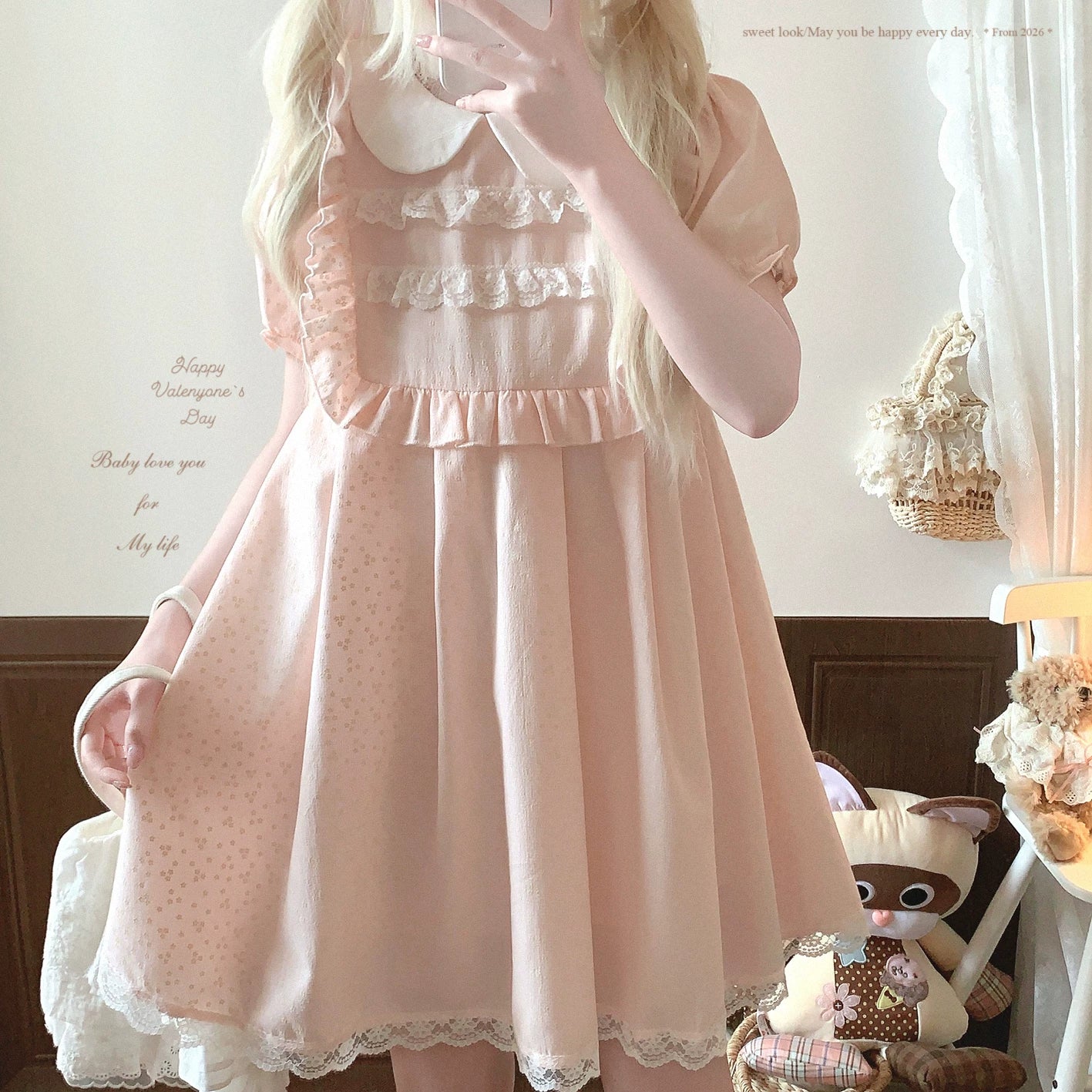 Last-Season Clearance NCX* Sweet Style Adorable Doll Collar Lace Ruffle Puff Sleeves High-Waist Dress
