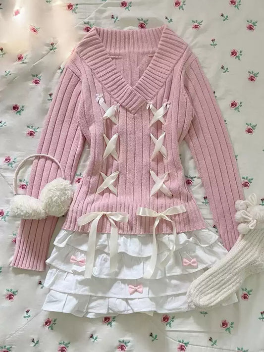 Retro sweet pink V-neck sweater