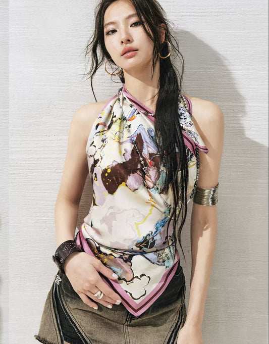 Hand-painted Vintage Satin Square Scarf Tube Top