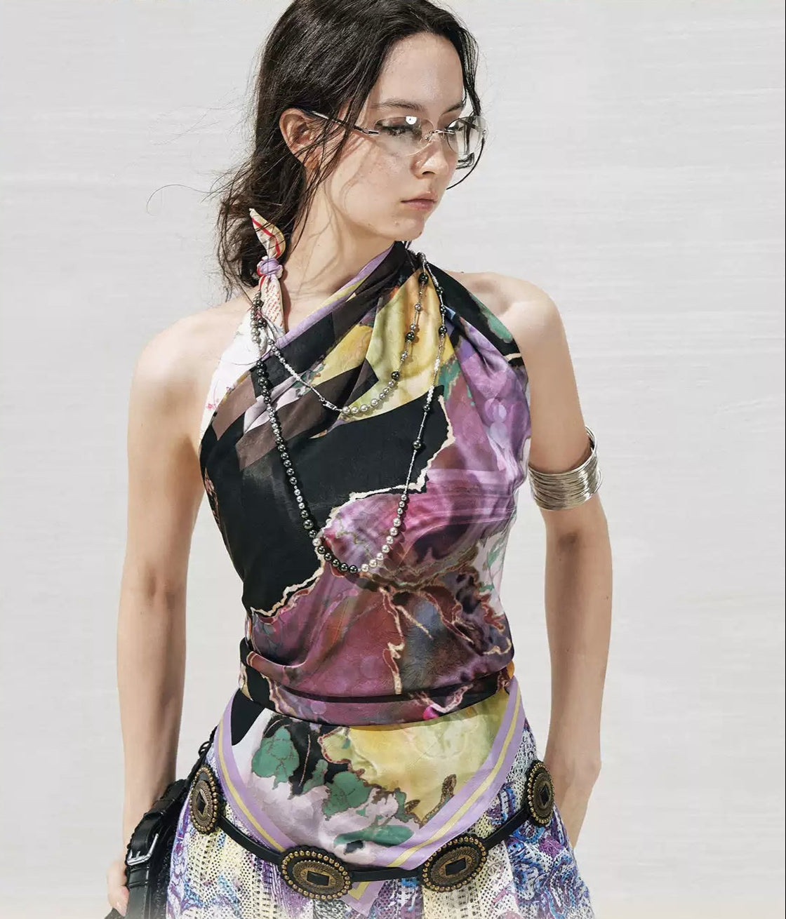 Hand-painted Vintage Satin Square Scarf Tube Top