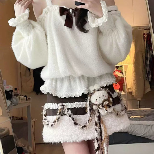 Kenana off-shoulder suspender knitted sweater