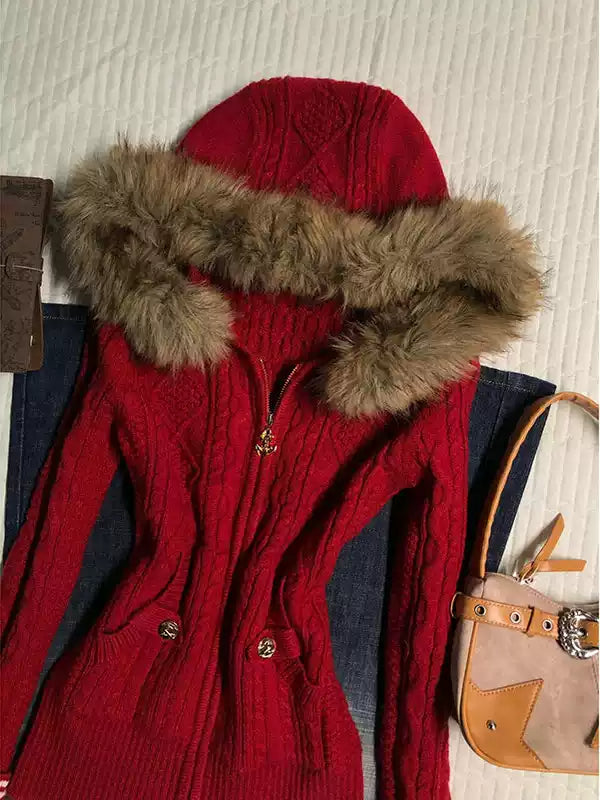 Red hooded fur collar slim sweater