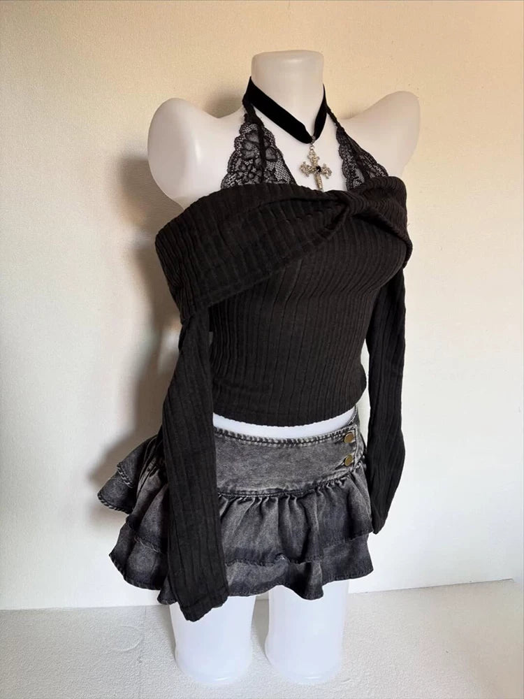Ban Zhi Tao Original French-Style Black One-Shoulder Off-Shoulder Knit Sweater Elegant Chic Slimming Waist Tie Wrap Knitwear for Women in Autumn