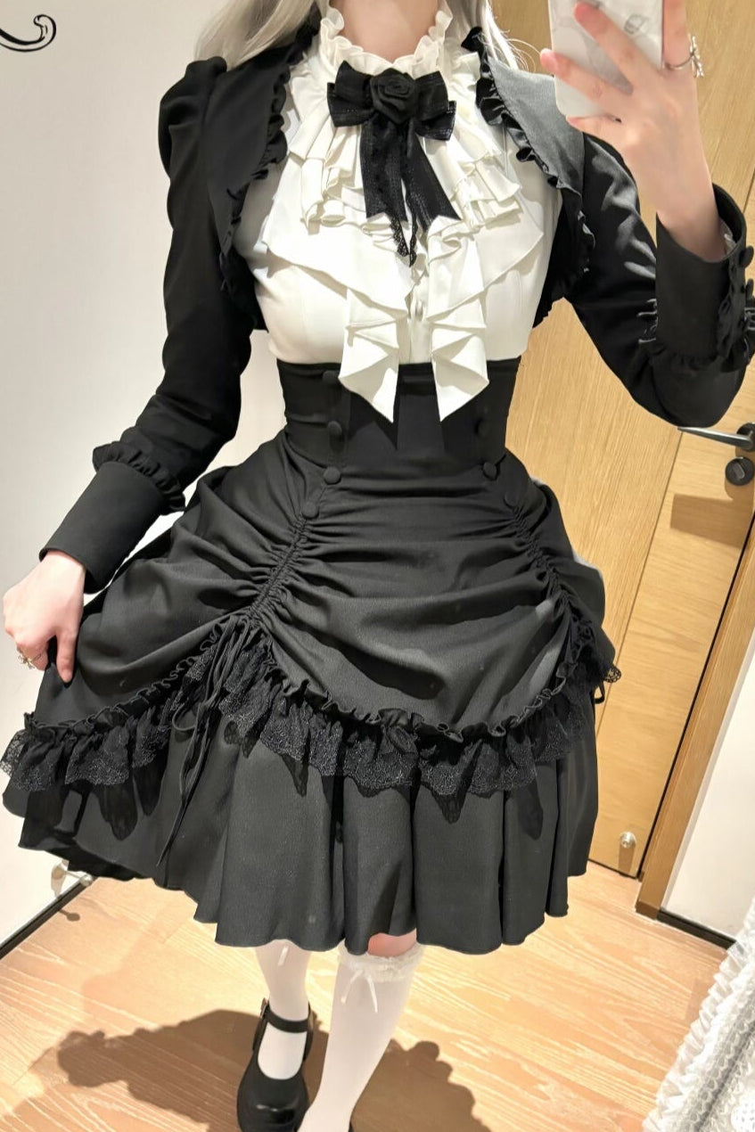 [Pre-order] Dark Gothic Black Short Jacket + White Shirt + Rose Ribbon