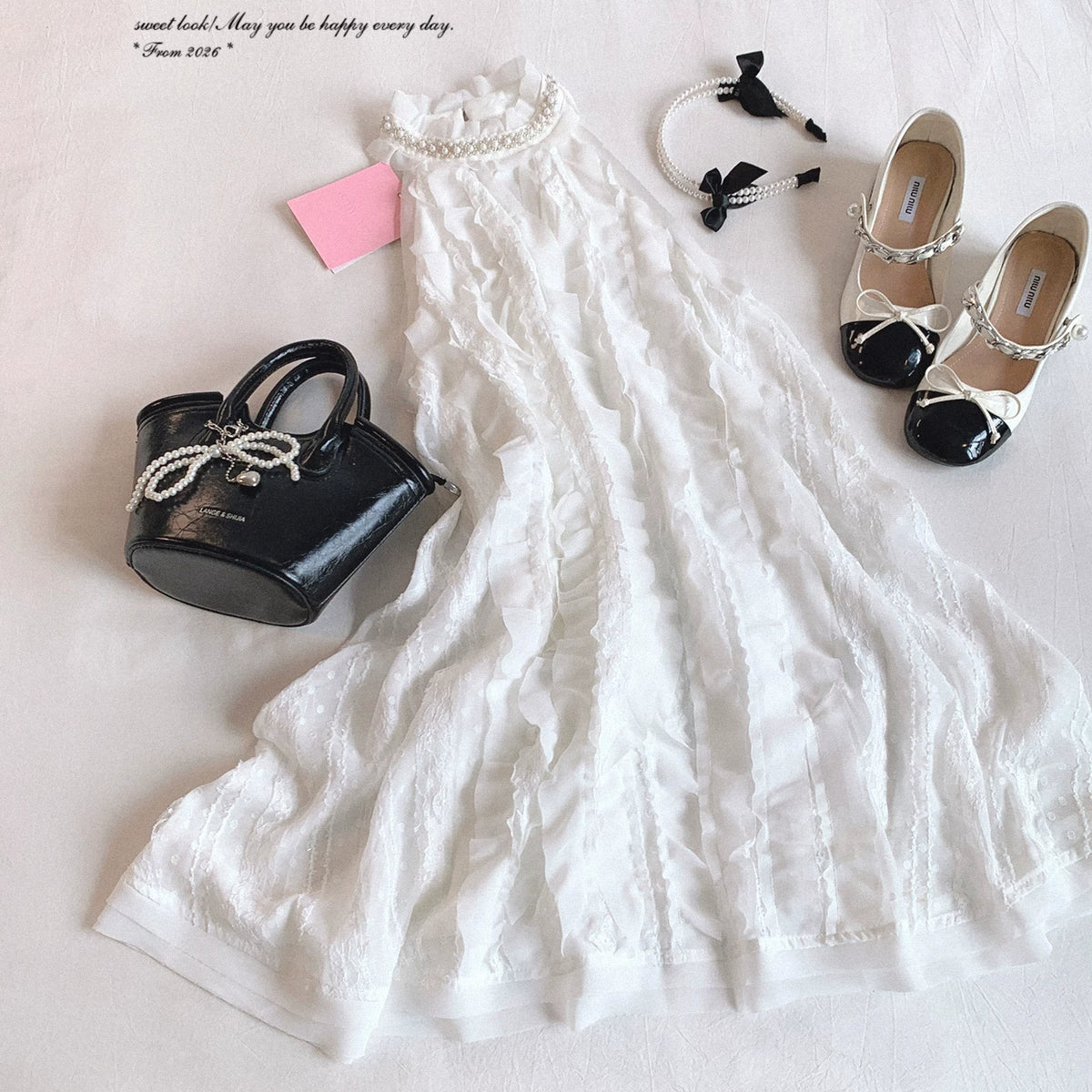 Final-batch yxt* Pearl Lace Stand Collar Contrast Peter Pan Collar Sweet “First Love” Sleeveless Dress