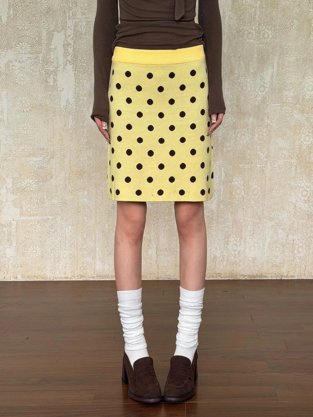 VintageTang French Vintage Polka Dot Knit Skirt, Autumn/Winter Slim-Fit Bodycon Straight Mini Skirt Hao Na 1