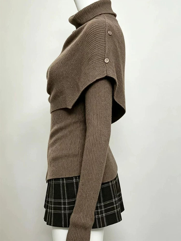 Maillard-Style Turtleneck Knit Top and Plaid Mini Skirt Two-Piece Set for Women, Flattering Slim Fit, Chic Korean-Inspired Autumn/Winter Outfit