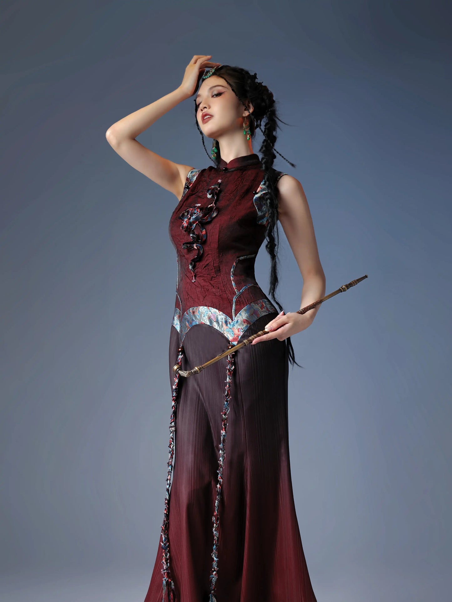 Tassel Cape Rope Embroidered Cheongsam Dress