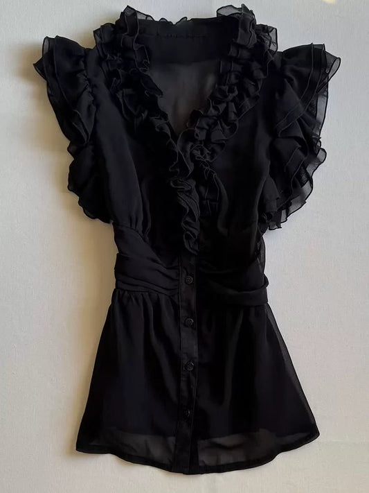 Shallow Moon Micro Arts Original Design Black Sleeveless Ruffle Hem Shirt with Leaf Edging, Elegant & Slimming
