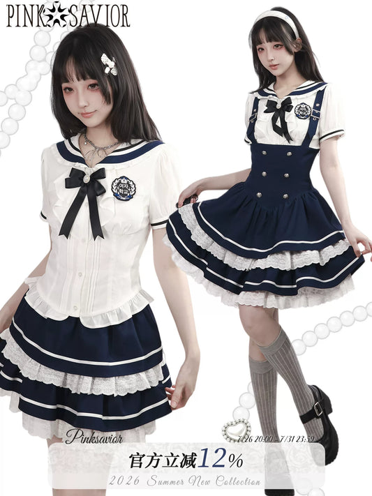 In-Stock & Ready to Ship【Chunxi Women】 Korean-Inspired Academy Waist-Tie Lace Bib Dress in Blue & White with Bow Tie