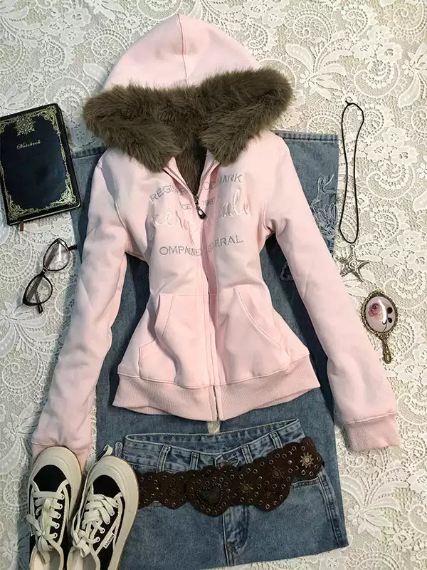 pink velvet hooded sweatshirt jacket